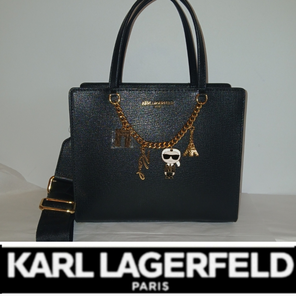 Karl Lagerfeld Maybelle Crossbody Satchel, Ikonik Paris Charms, Black, Gold